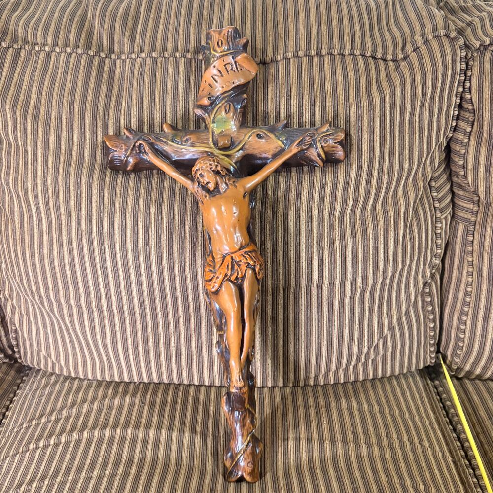 Crucifix Large 20x14 Vintage Wall Faux Wood Look Cross Religious INRI 1960s-70s